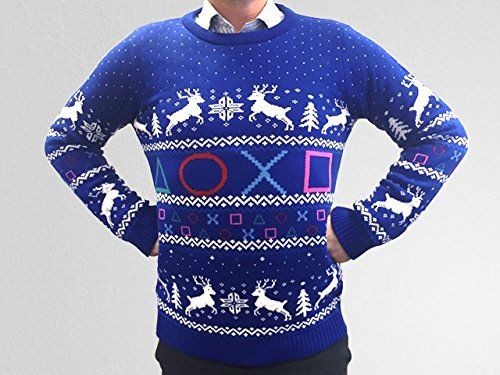 Sony Playstation Christmas jumper - blue jumper with reindeer and Playstation symbols.