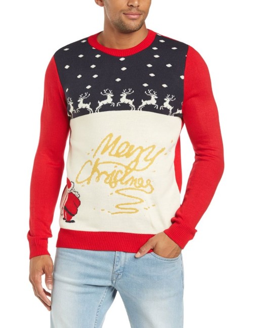 Rude Christmas jumper. Santa admiring the yellow snow.