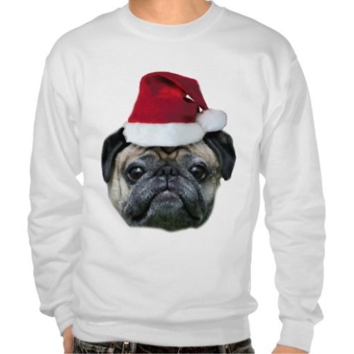 Pug wearing Santa hat Christmas jumper.
