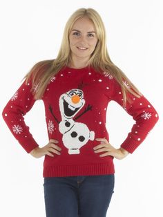 Frozen Christmas jumper. Red jumper with snowflakes and Olaf.