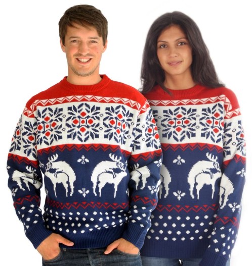 Humping reindeer, naughty novelty Christmas jumpers.