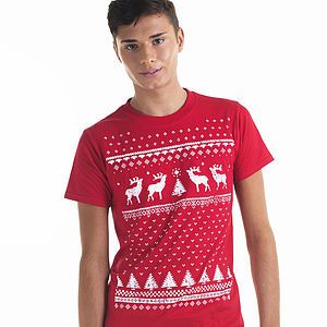 Men's red Christmas t-shirt with reindeer.