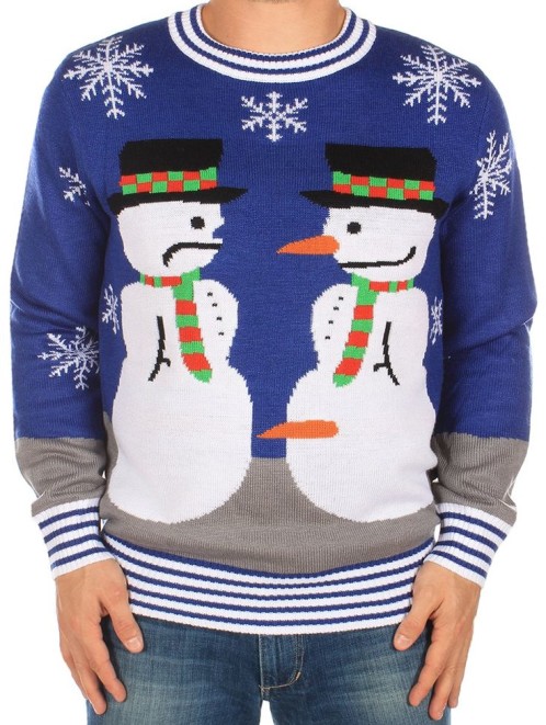 Snowman with a carrot for a willy Christmas jumper.