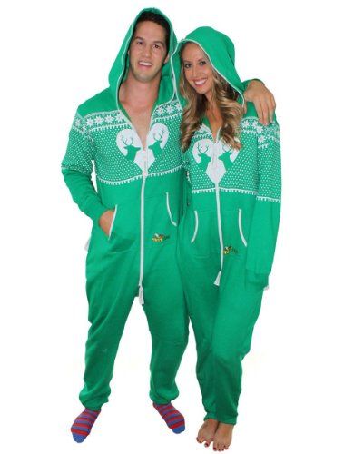 Unisex Christmas onesies. His and hers matching Christmas onesies in green.