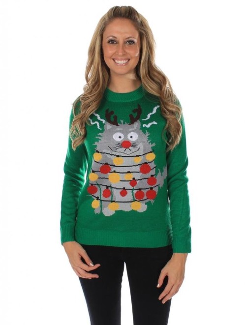 Women's Christmas jumper - Cat wrapped in fairy-lights.