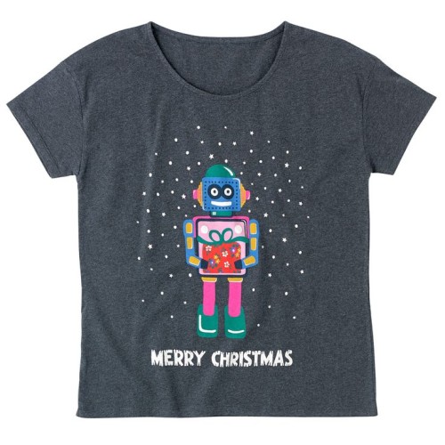 Chirstmas jumper t-shirt featuring robot and Christmas present