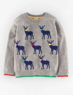 Grey children's Christmas jumper with reindeers and pom poms