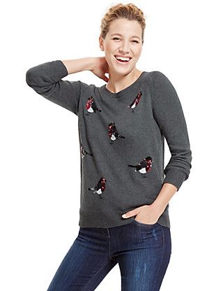 sequin embellished Christmas Robin jumper