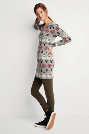 Women's Christmas jumper dress in grey with snowflakes, Christmas trees, reindeer and snowmen