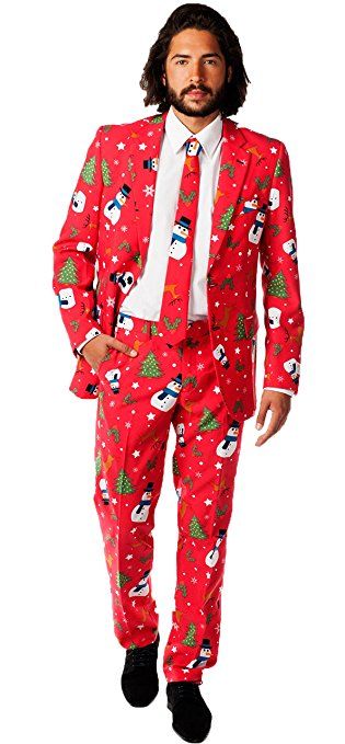 Men's novelty Christmas suit. Snowmen, Christmas trees and more xmas suit in red