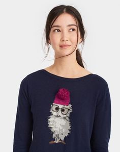 Owl wearing a woolly hat, women's Christmas jumper