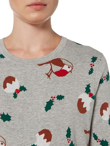 Women's Christmas jumper with Robins, holly and Christmas pudding design
