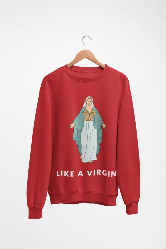 “Like a Virgin” design Christmas jumper, in red