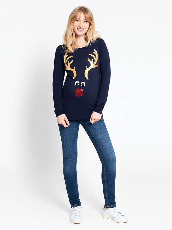 Reindeer design casual maternity Christmas top, in blue, for women
