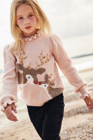 Powder Pink Kids Mix and Match 3D Delightful Characters Christmas Jumper **New 