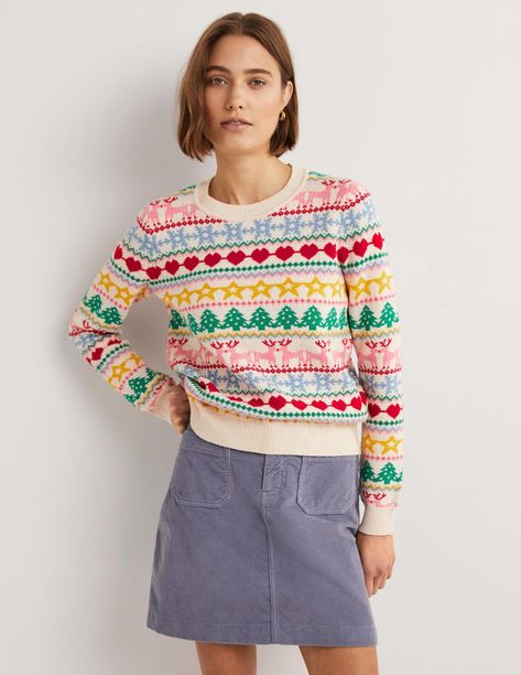 Christmas reindeer fair isle jumper on Boden, in pink