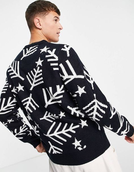 Fir print crewneck Christmas jumper, in black, for men