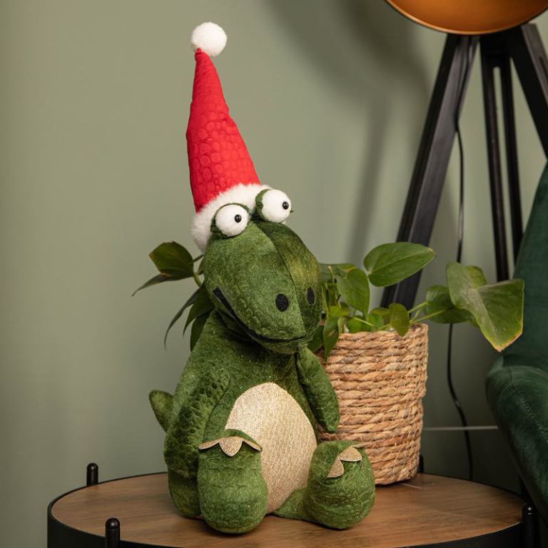 48cm Green Sitting Christmas Dinosaur with Santa Hat from Debenhams