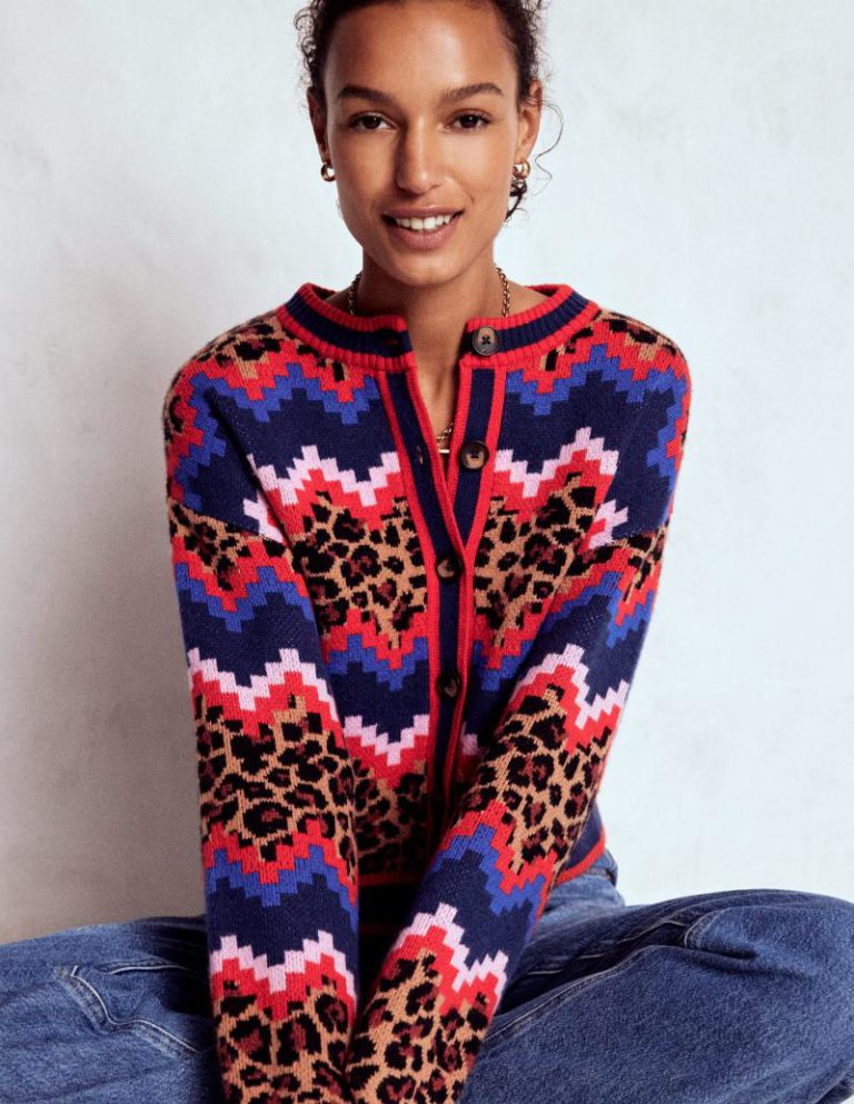 Abi Jacquard Cardigan in Multi Fair Isle, Leopard Christmas jumper from Boden