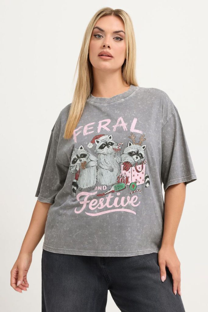 Acid Wash 'Feral & Festive' Novelty T-Shirt from Boohoo