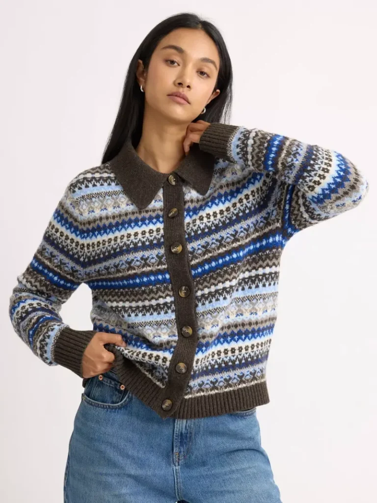 Albaray Fair Isle Collared Cardigan, Blue Christmas jumper from John Lewis