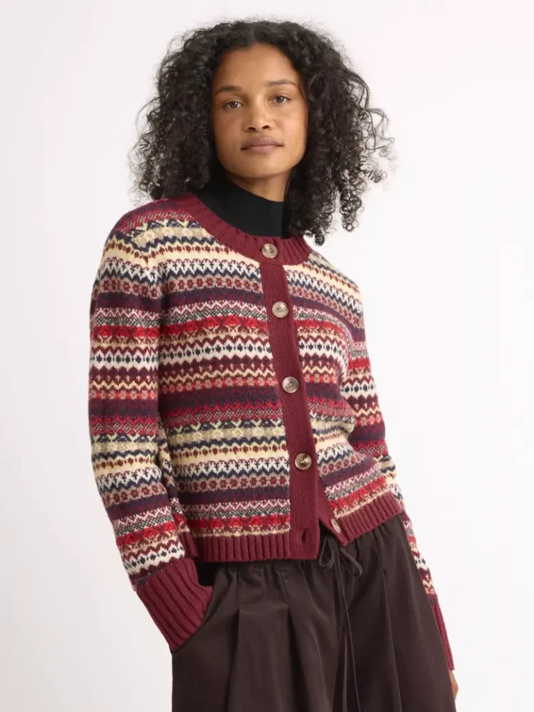 Albaray Fair Isle Crew Cardigan, Burgundy Christmas jumper from John Lewis