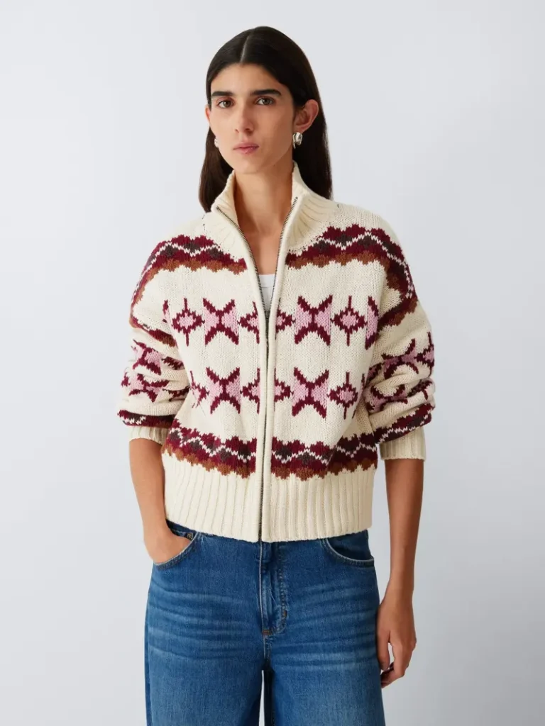 AND/OR Fair Isle Cotton Rich Zip Up Cardigan, Purple Christmas jumper from John Lewis