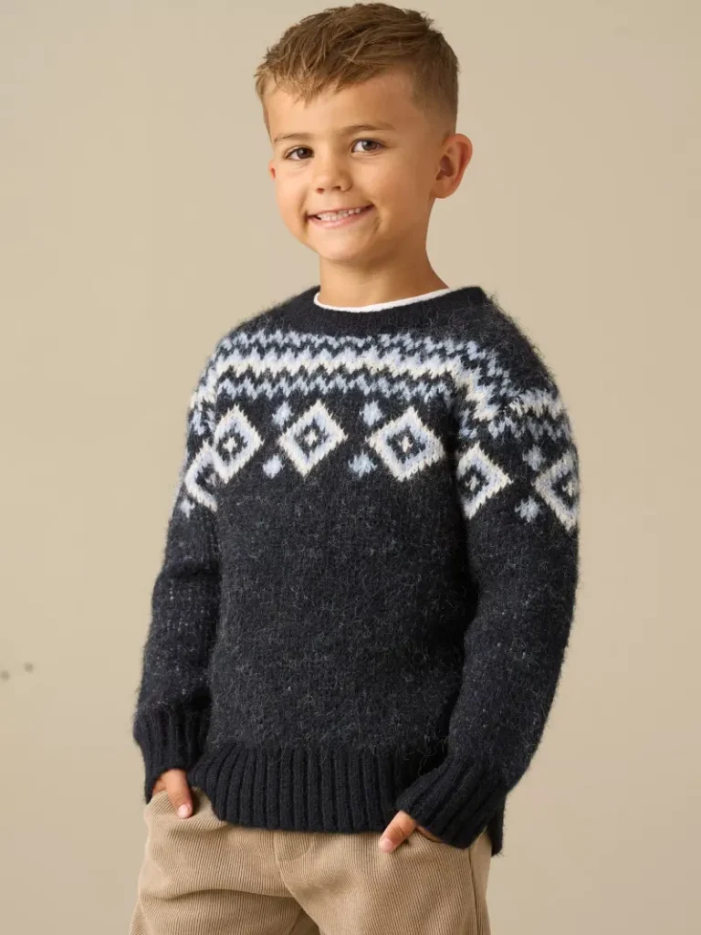 Angel & Rocket Kids' Erik Crew Neck Fair Isle Jumper, Blue Christmas jumper from John Lewis