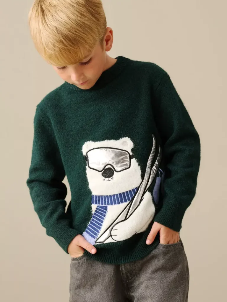 Angel & Rocket Kids' Erik Crew Neck Polar Bear Jumper, Green/Multi Christmas jumper from John Lewis