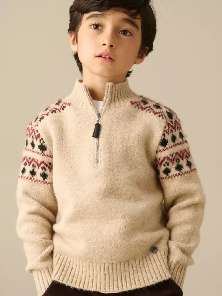 Angel & Rocket Kids' Oakley Zip Neck Fair Isle Jumper, Stone Christmas jumper from John Lewis