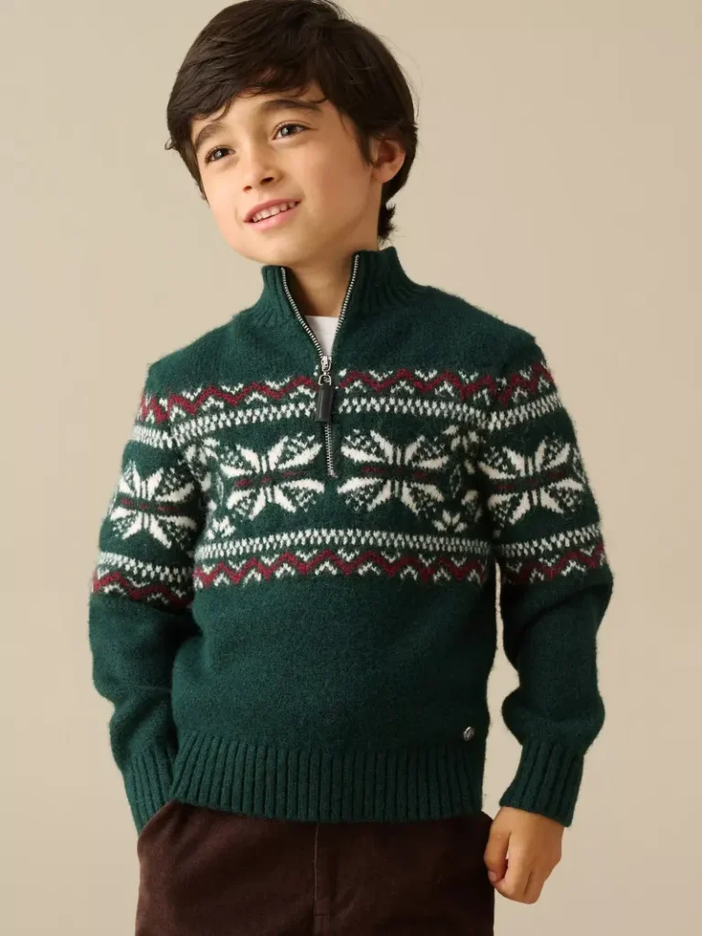 Angel & Rocket Kids' Oakley Zip Neck Fairisle Jumper, Green Christmas jumper from John Lewis