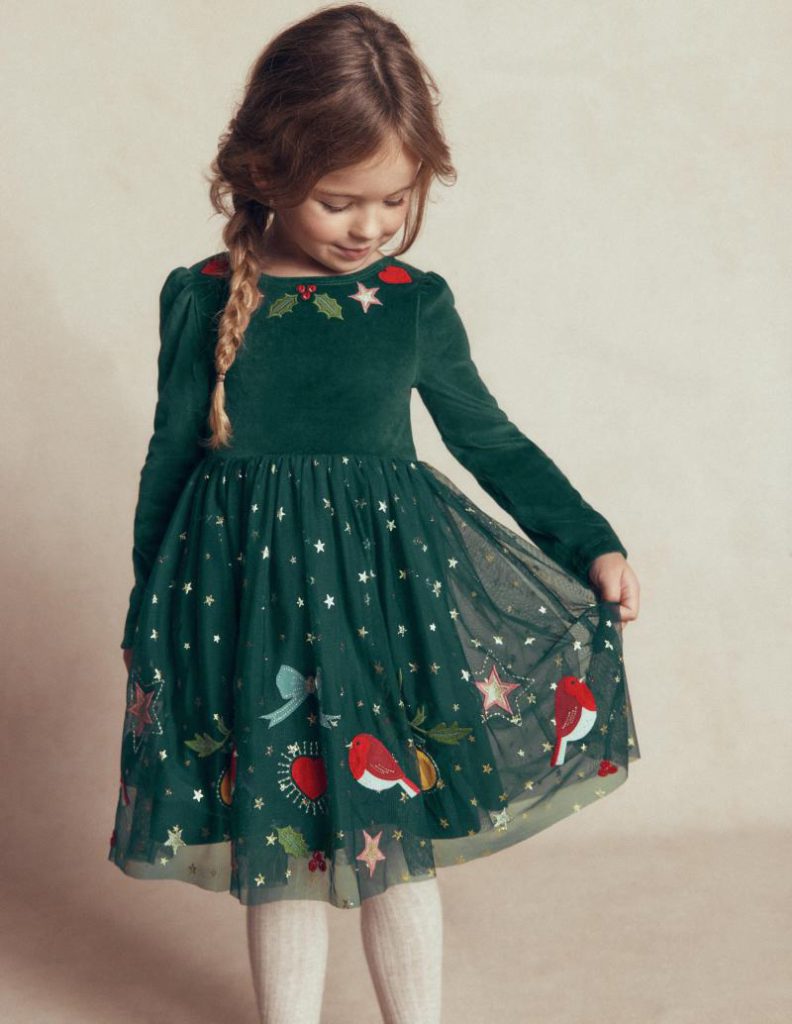 Aurora Appliqué Tulle Dress in Green Festive Robins from Boden