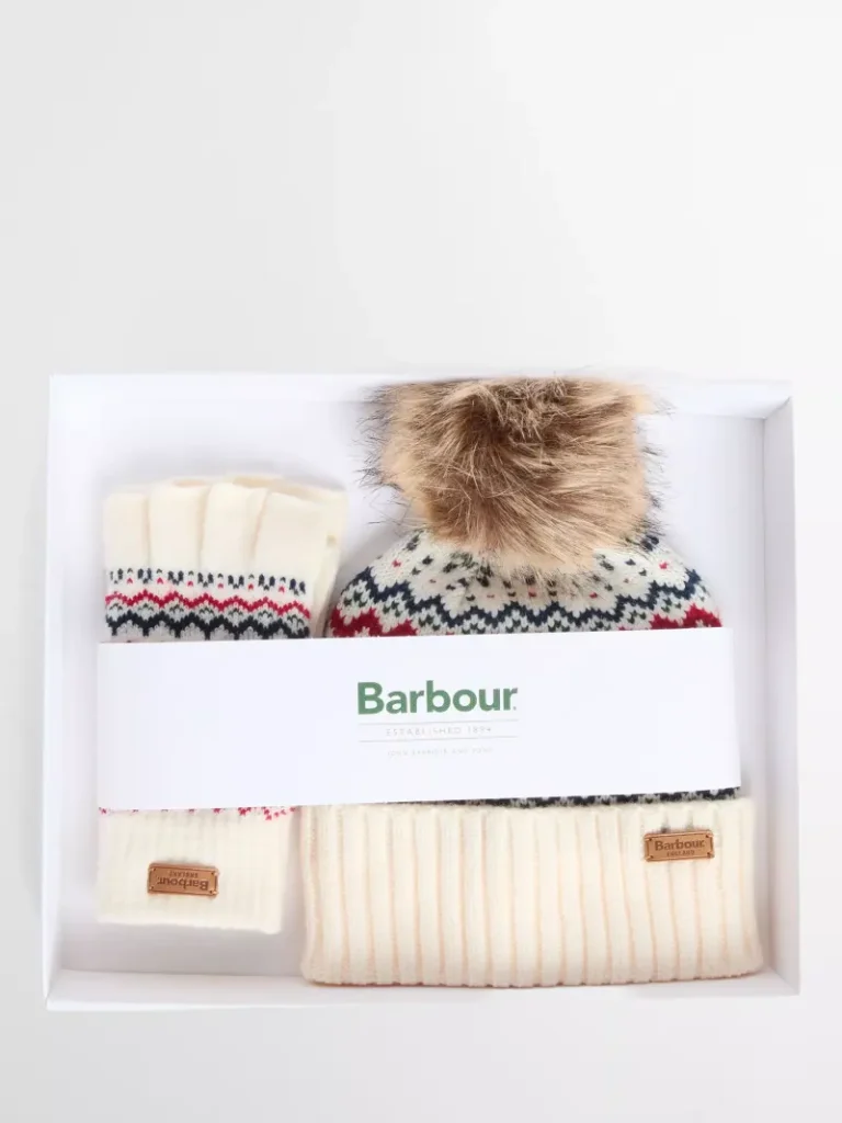 Barbour Fair Isle Knit Mittens & Beanie Hat Gift Set, White/Multi Christmas jumper from John Lewis