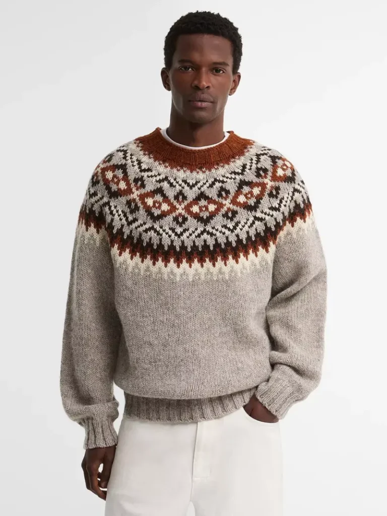 Barbour Fair Isle Wool Crew Neck Jumper, Grey Marl Christmas jumper from John Lewis