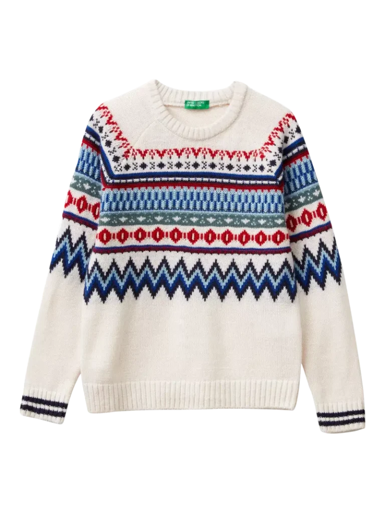 Benetton Kids' Fair Isle Crew Neck Jumper, White/Multi Christmas jumper from John Lewis