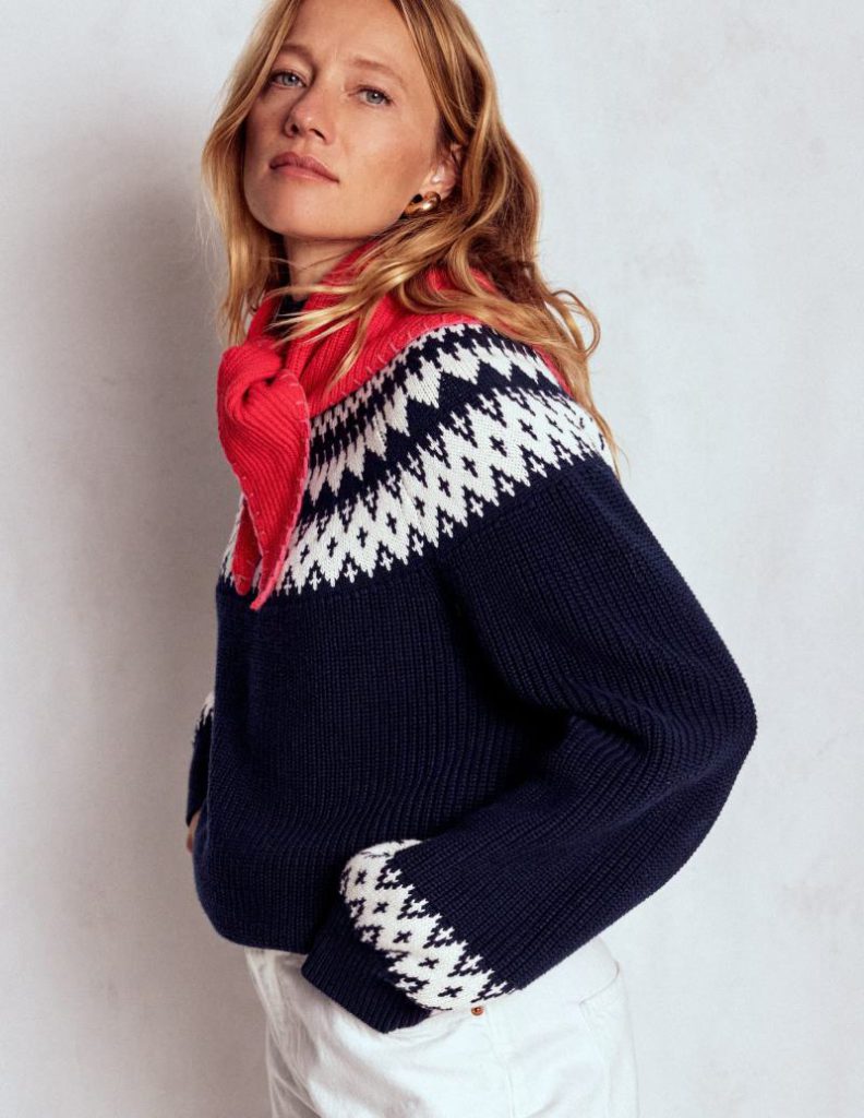 Bianca Cotton High Neck Jumper in Navy Fair Isle Christmas jumper from Boden