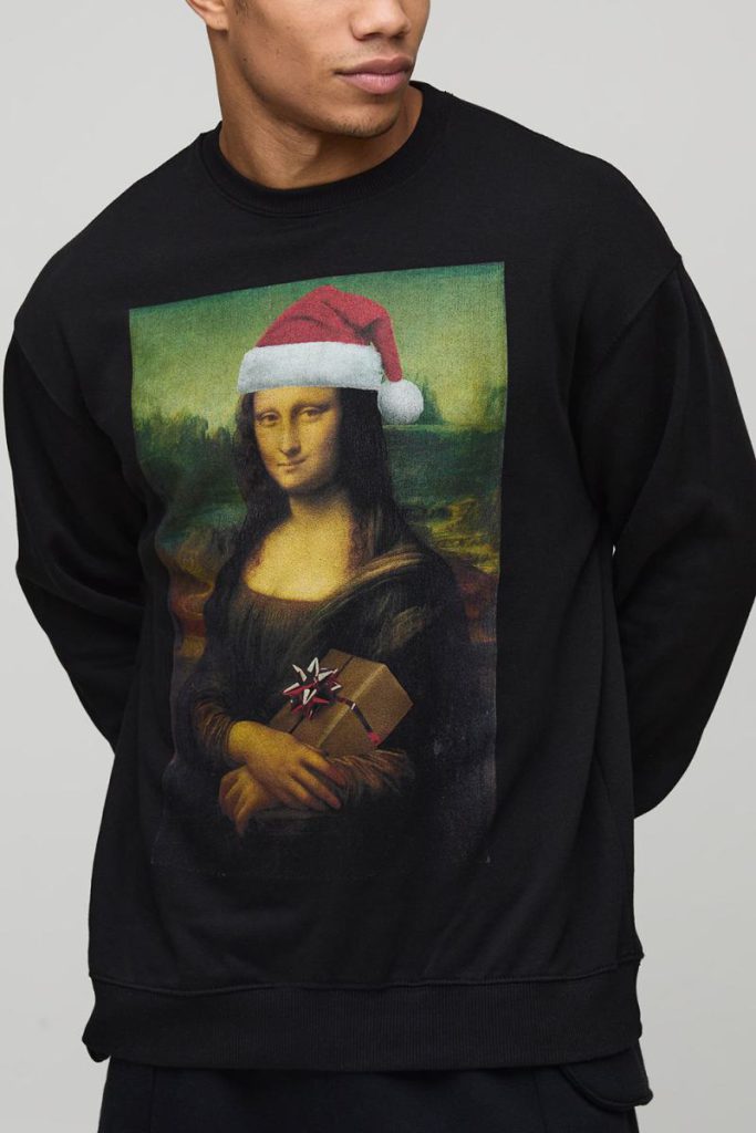 Black Oversized Mona Lisa Christmas License Printed Sweatshirt from Boohoo