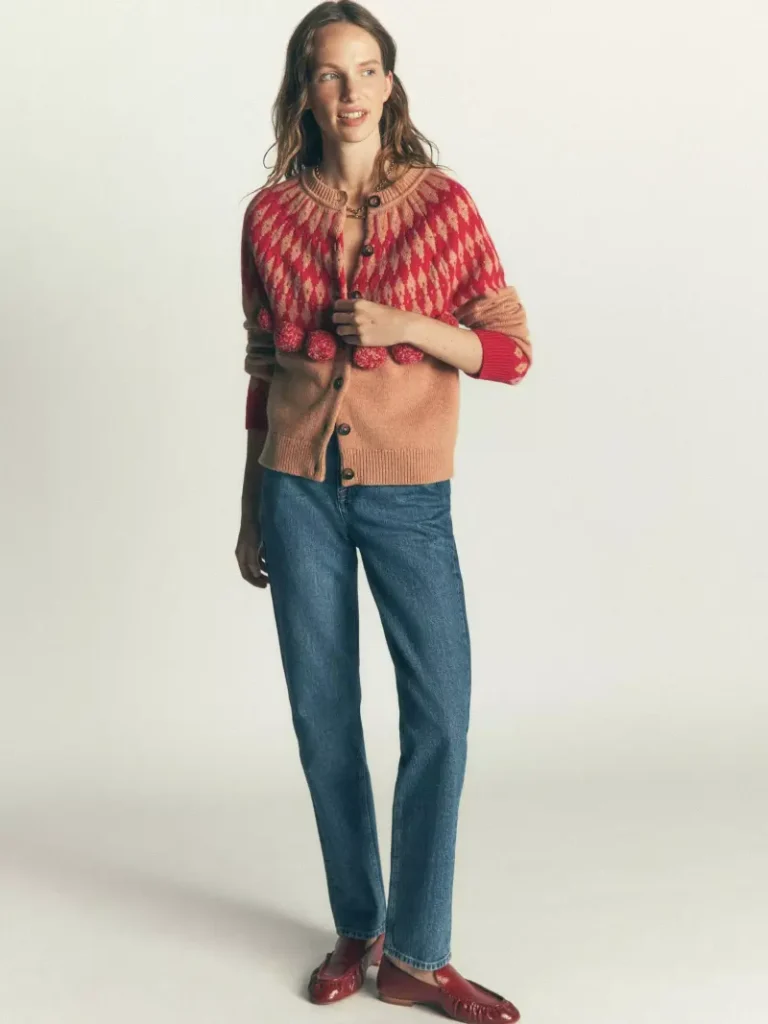 Boden Fair Isle Pom in Pom Cardigan, Camel/Red Christmas jumper from John Lewis