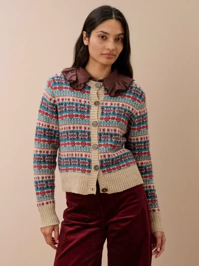 Brora Merino Fair Isle Cardigan, Oatmeal Christmas jumper from John Lewis