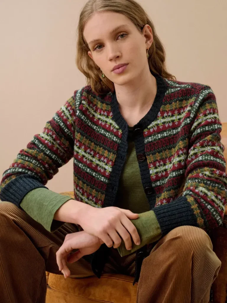 Brora Merino Wool Fair Isle Cardigan, Navy/Multi Christmas jumper from John Lewis
