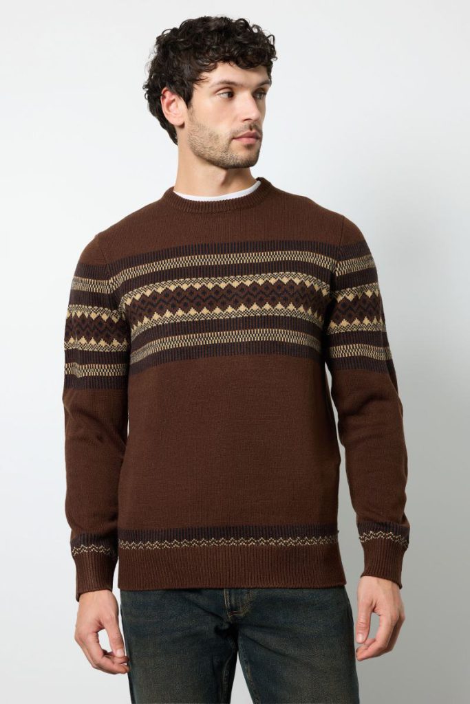 Brown Placement Fairisle Crew Neck Jumper Christmas jumper from Boohoo