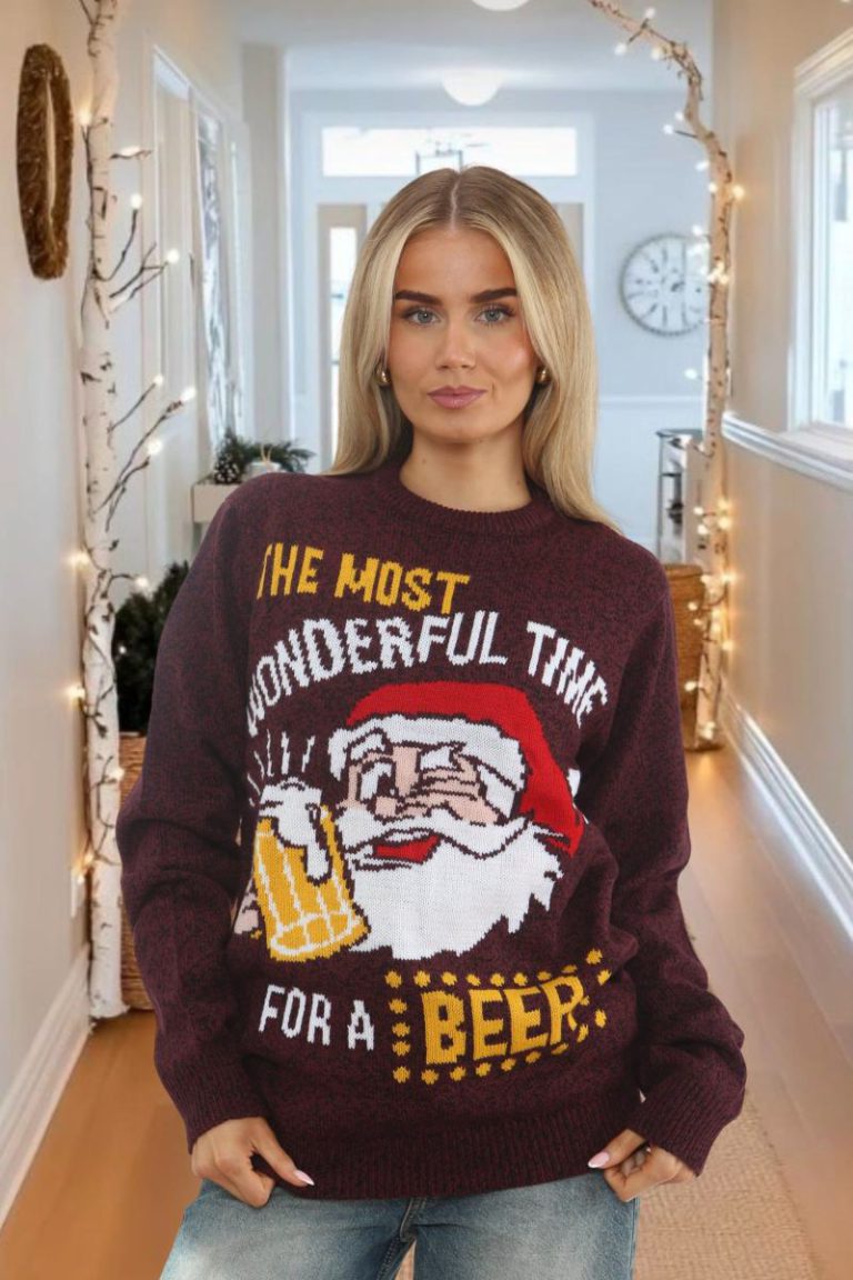 Burgundy Christmas Beer Santa Knitted Jumper from Boohoo