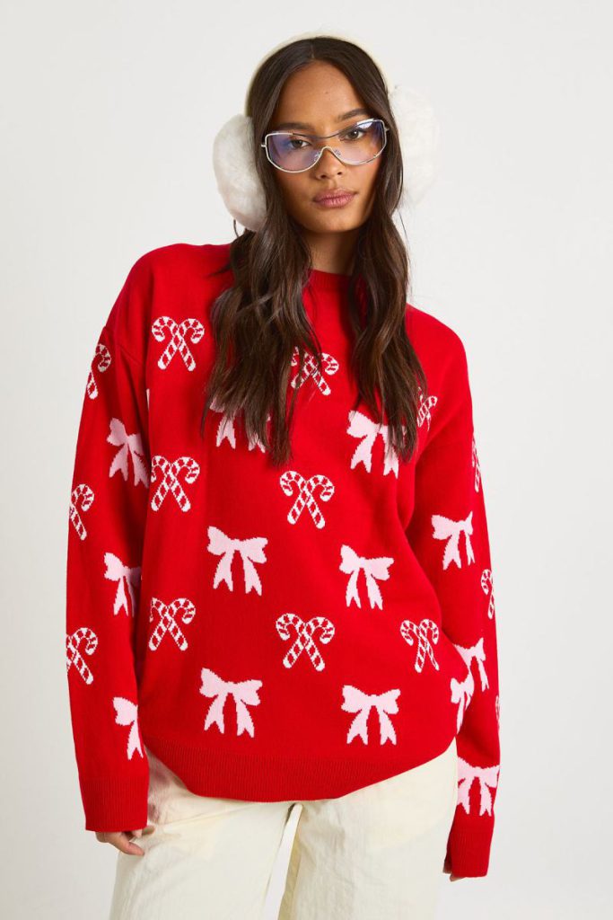 Candy Cane Bow Christmas Jumper from Boohoo