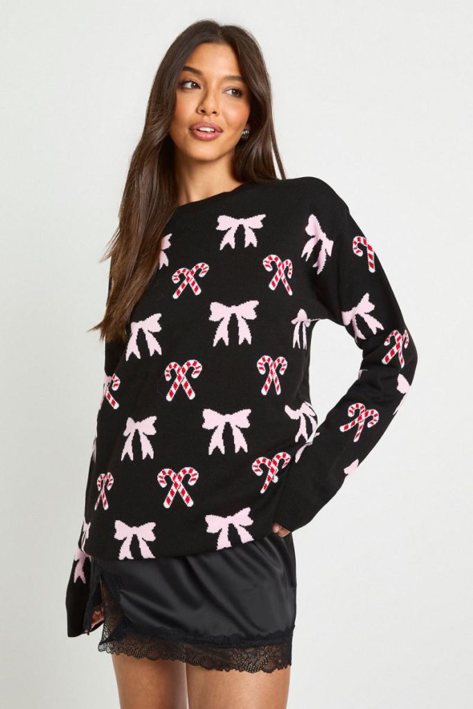 Candy Cane Bow Longline Christmas Jumper from Debenhams