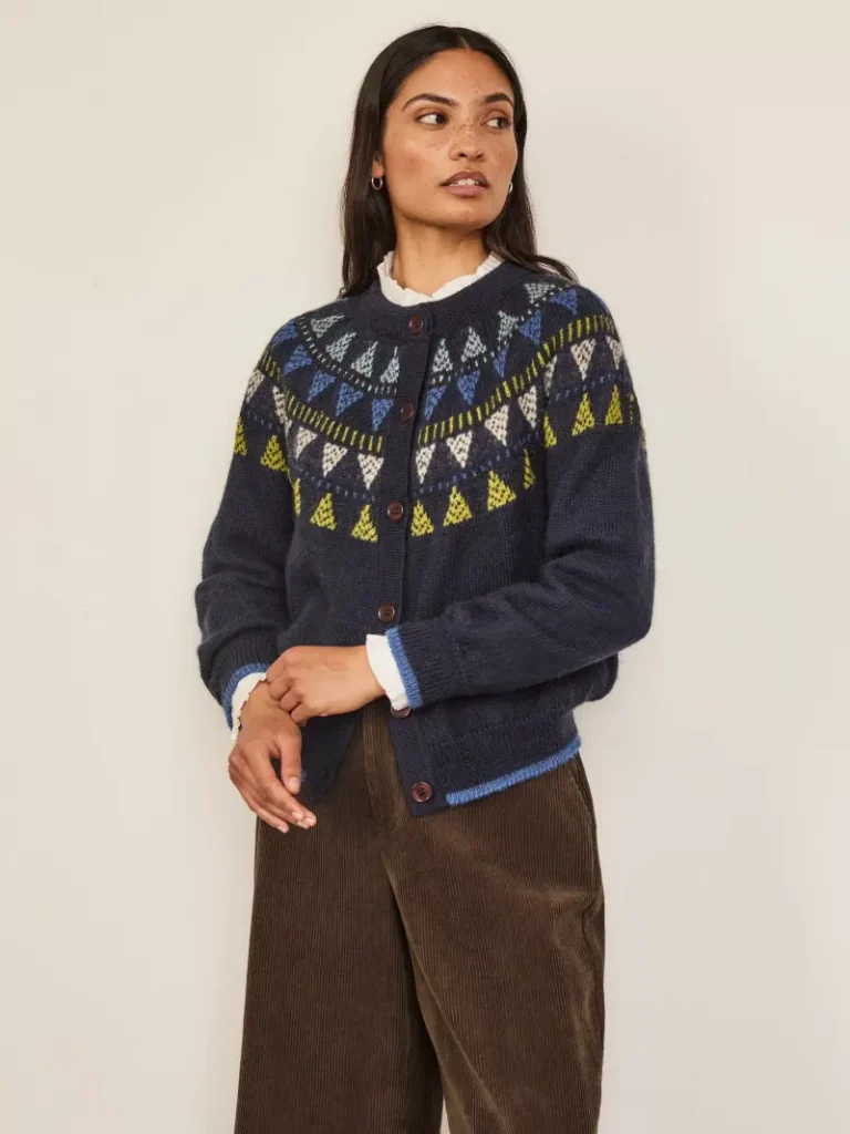 Celtic & Co. British Wool Geo Fair Isle Yoke Cardigan, Navy Christmas jumper from John Lewis