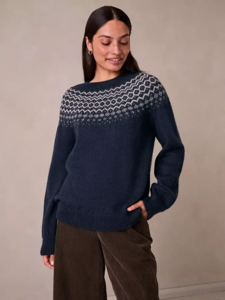 Celtic & Co. British Wool Graduated Fair Isle Jumper, Navy/Ecru Christmas jumper from John Lewis