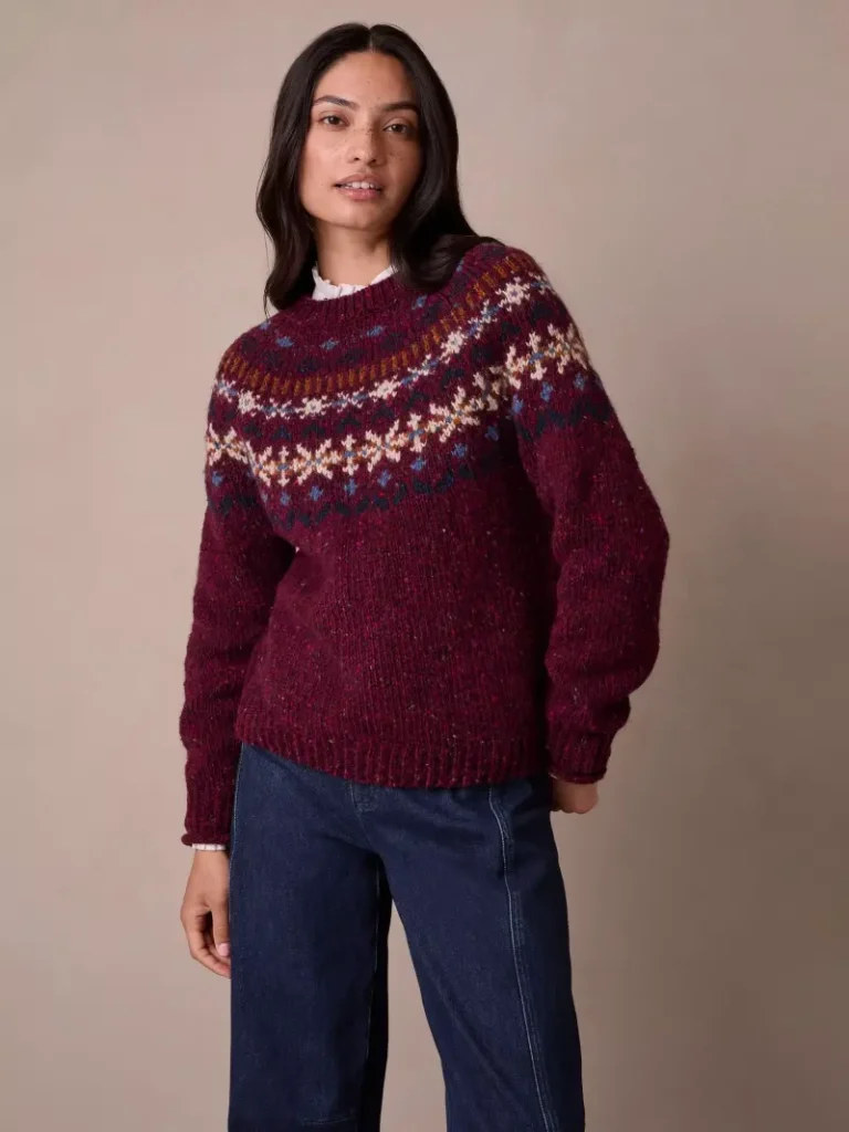 Celtic & Co. Donegal Wool Nordic Fair Isle Yoke Jumper, Damson Christmas jumper from John Lewis