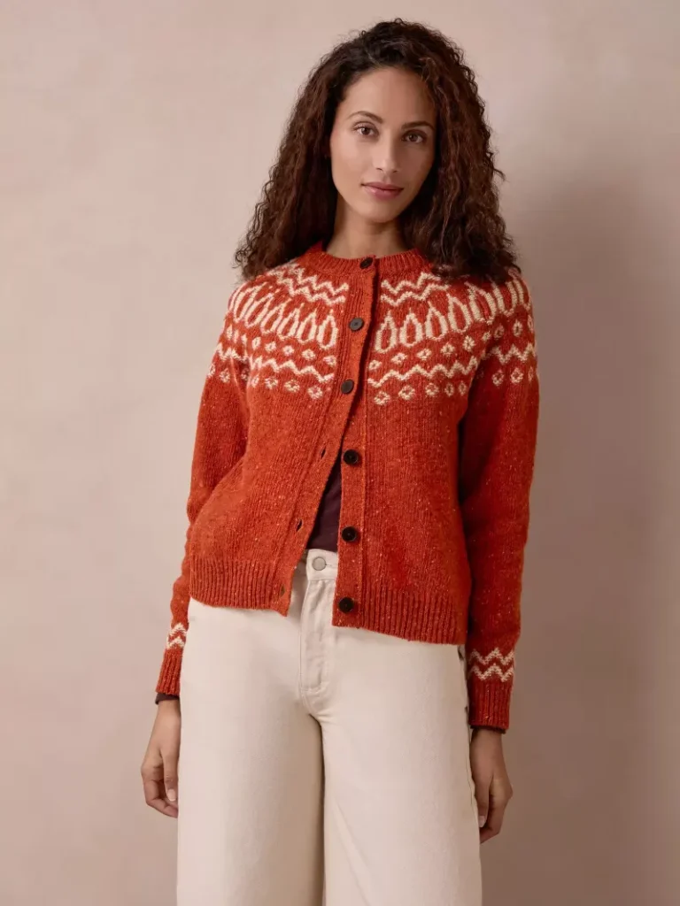 Celtic & Co. Donegal Wool Two Tone Fair Isle Cardigan, Burnt Orange Christmas jumper from John Lewis