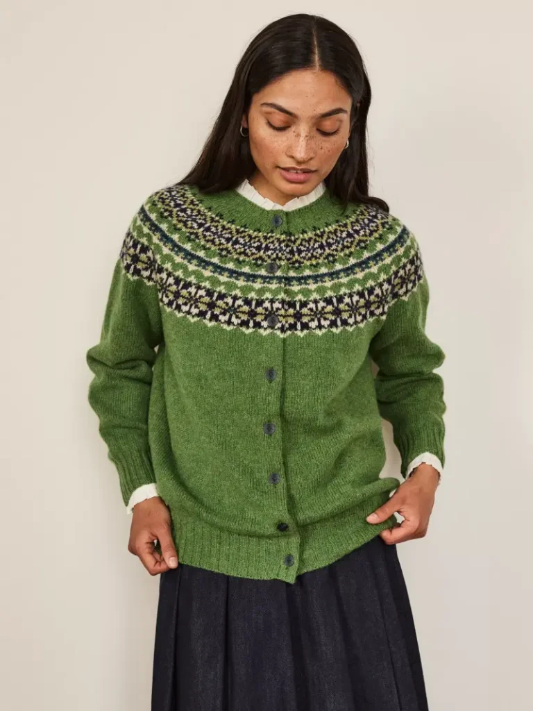 Celtic & Co. Highlands Fair Isle Wool Crew Neck Cardigan, Fern Green Christmas jumper from John Lewis