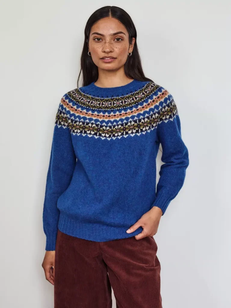 Celtic & Co. Highlands Fair Isle Yoke Pure Wool Jumper, Cobalt Christmas jumper from John Lewis